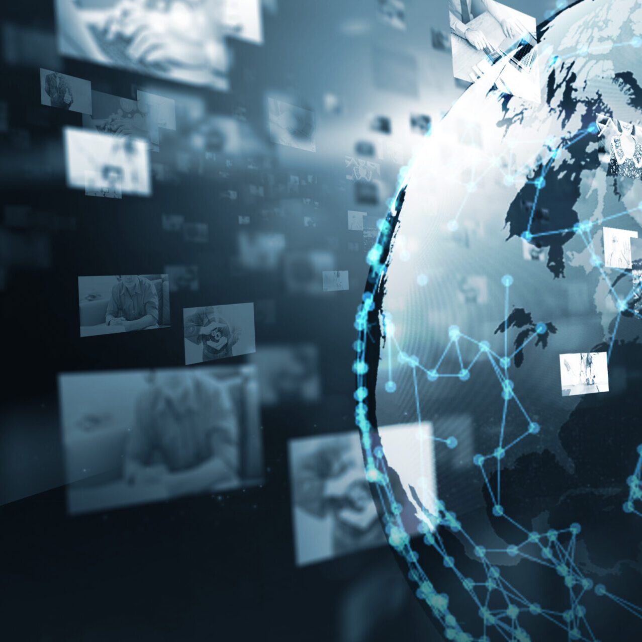 Multimedia digital content entertainment streaming communication social networking connectivity technology concept, world wide web hologram simulation global environment, banner blue background