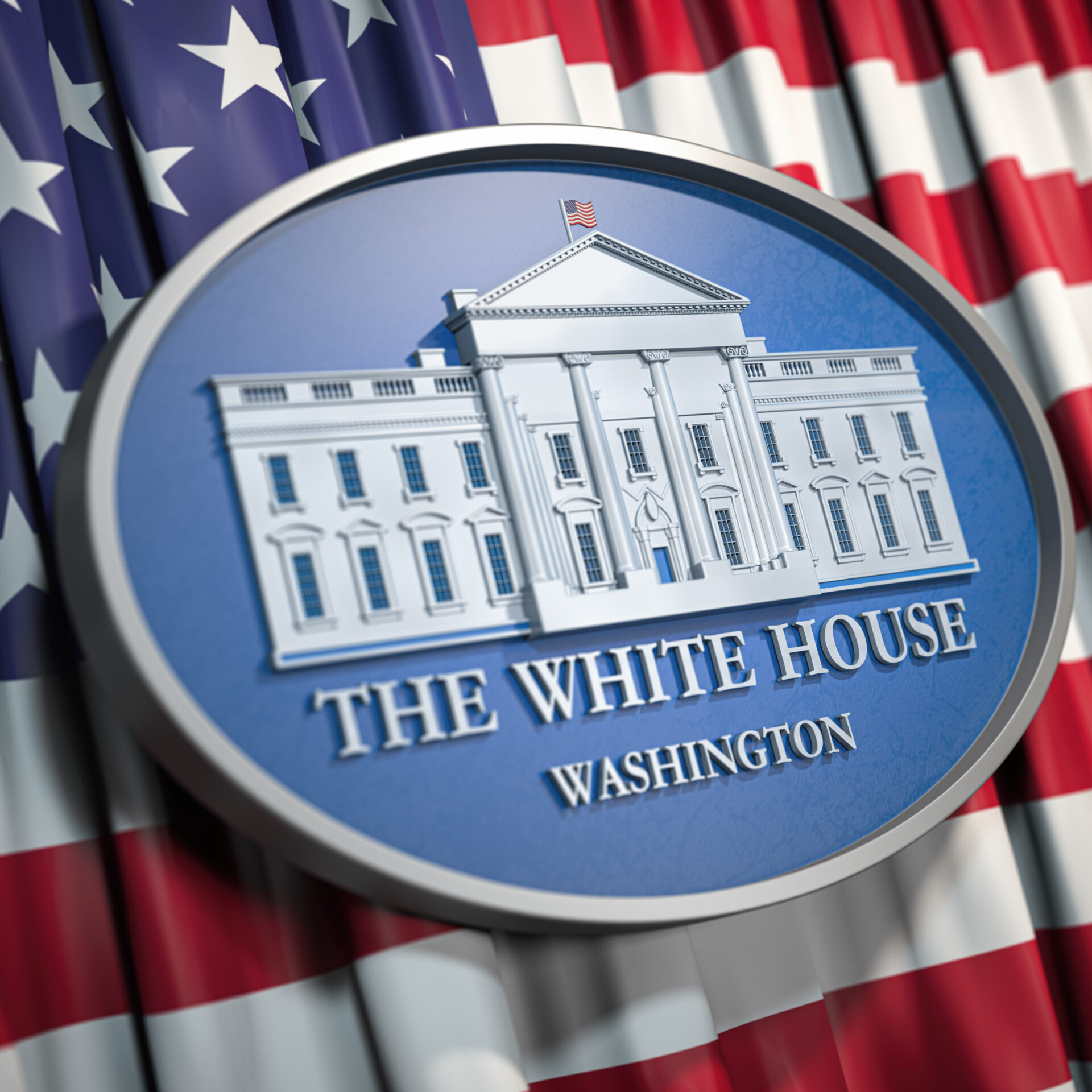 The White House Washington sign on flag of United States USA. 3d illustration